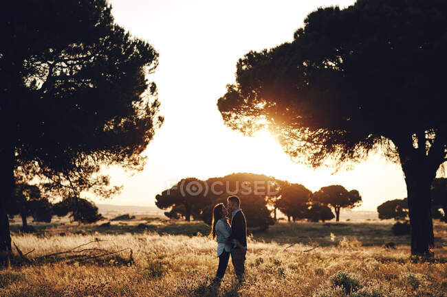 Романтическая пара, обнимающаяся посреди поля на закате в Мадриде, Испания — стоковое фото