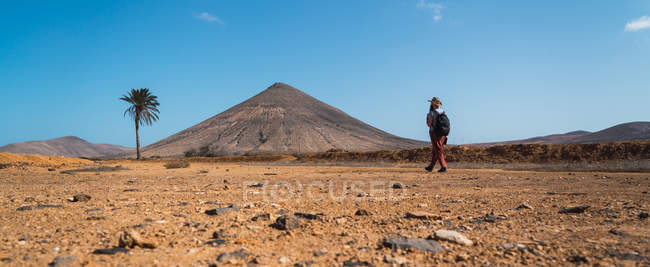 Visão traseira do homem com mochila andando no deserto tropical — Fotografia de Stock
