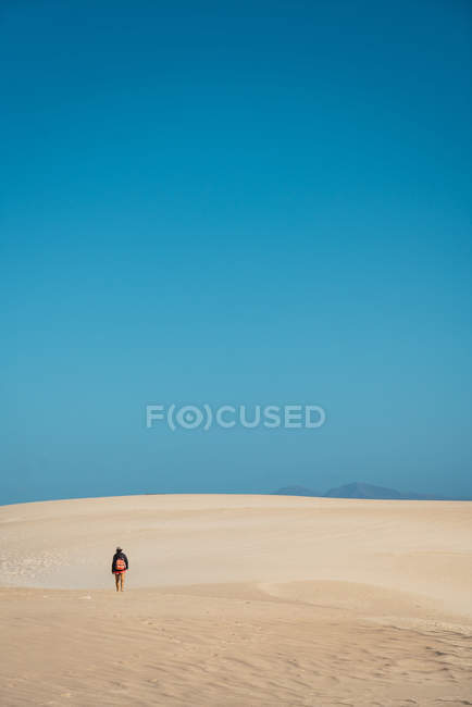 Vista trasera del viajero con mochila caminando en un terreno arenoso sin fin bajo el cielo azul brillante . - foto de stock