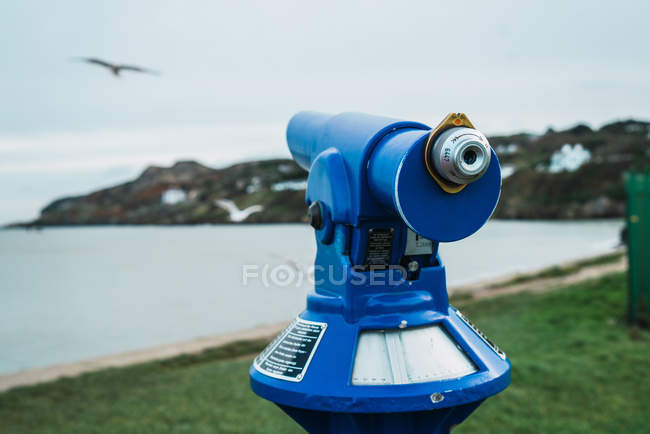 Blaues Fernglas und fliegende Vögel über Park am Meer. — Stockfoto