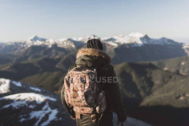 Vista trasera del hombre en ropa de abrigo admirando las montañas nevadas - foto de stock
