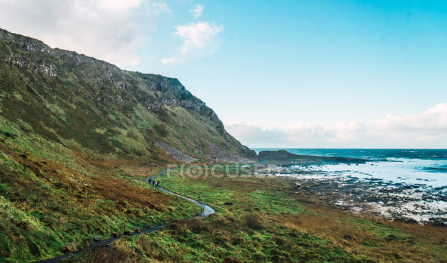 Landscape view to small asphalt road on green hill at seaside — Stock Photo