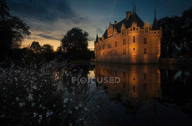 Beleuchtetes historisches Schloss am See mit kleinen weißen Blumen am Abend. — Stockfoto