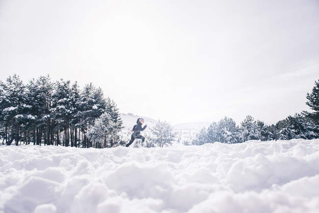 Вид сбоку на спортивную женщину, бегущую по заснеженной сельской местности — стоковое фото