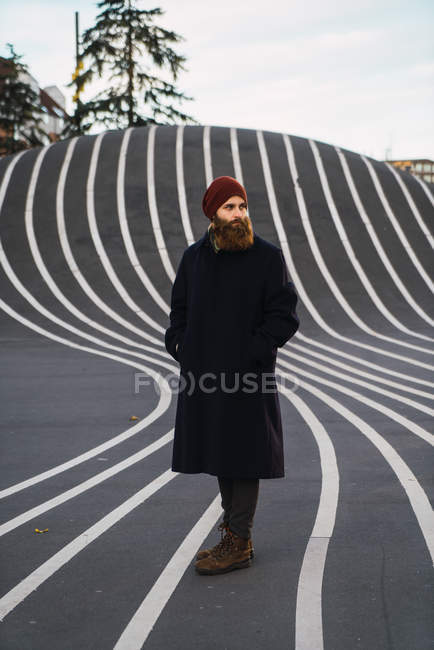 Retrato de homem barbudo em pé na colina de asfalto com linhas e olhando para longe — Fotografia de Stock