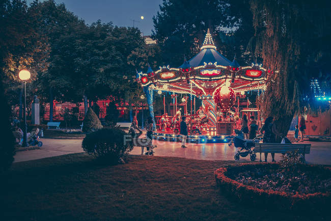 Merry-go-round carrossel iluminado no parque verde à noite . — Fotografia de Stock