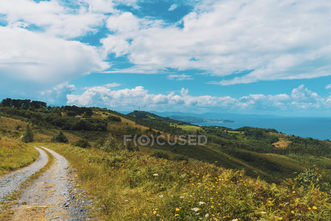 Idyllic view to green fields on hill and rural road in cloudy day. — Stock Photo