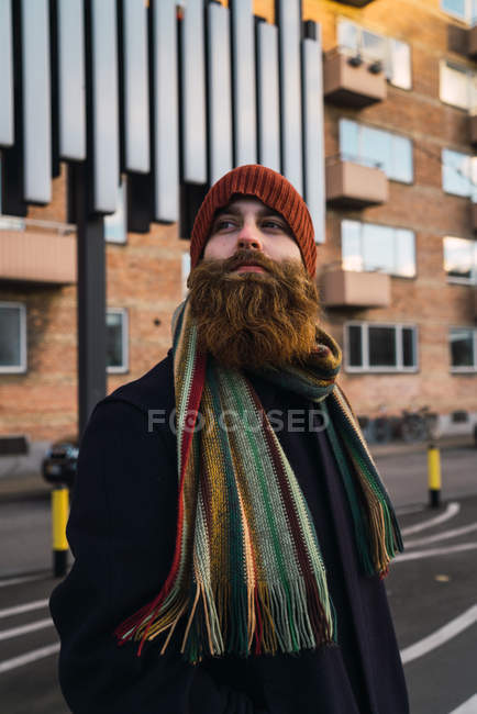 Ritratto di uomo barbuto in abiti caldi in posa sulla scena della strada — Foto stock