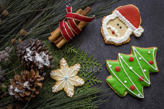 Arrangement verschiedener Weihnachtsplätzchen und Gewürze auf dem Tisch — Stockfoto