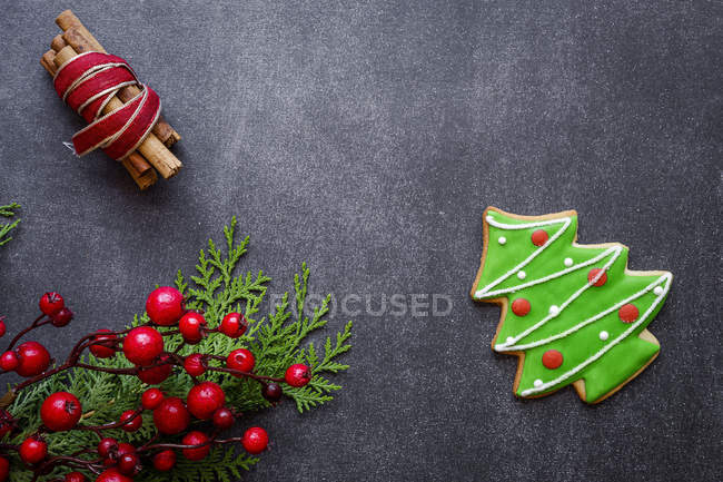 Christmas tree cookie and holiday symbols on table — Stock Photo