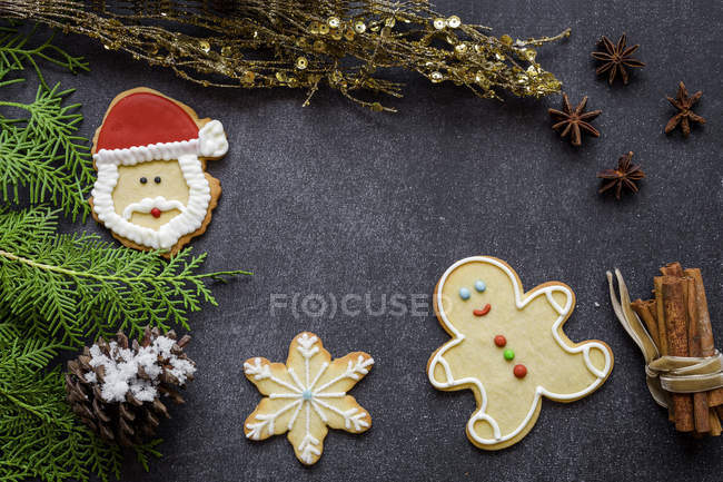 Arrangement verschiedener Weihnachtsplätzchen und Gewürze — Stockfoto