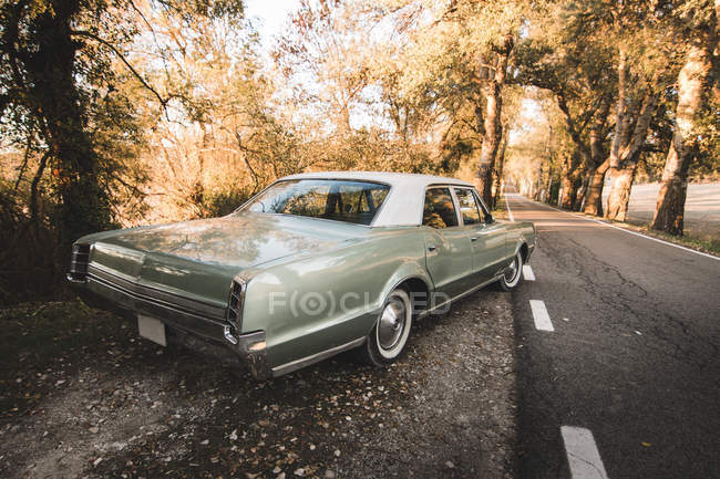 Rear view of retro car on rural road — Stock Photo