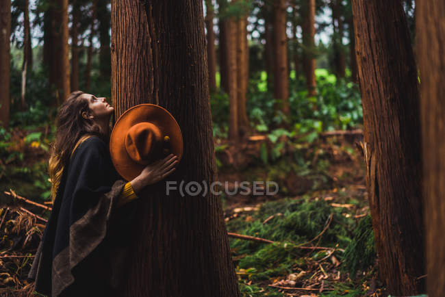Vista lateral da mulher sensual abraçando a árvore velha na floresta . — Fotografia de Stock