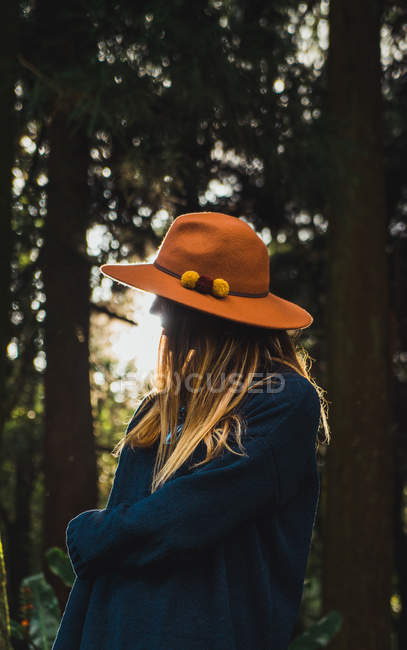 Young woman in hat posing in sunny forest — Stock Photo