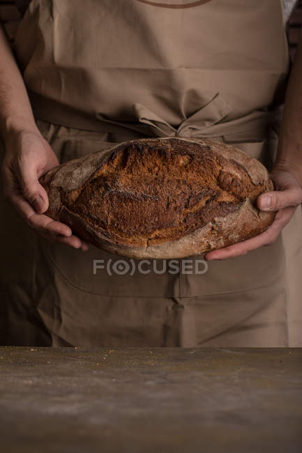 Mid section of man holding freshly baked loaf of bread — Stock Photo