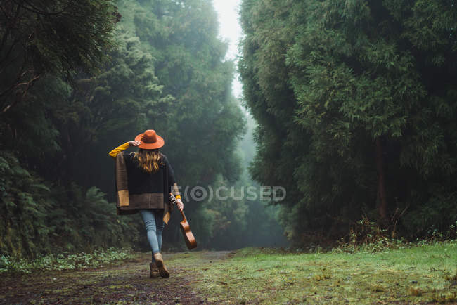 Visão traseira da mulher andando com ukulele na estrada da floresta rural — Fotografia de Stock