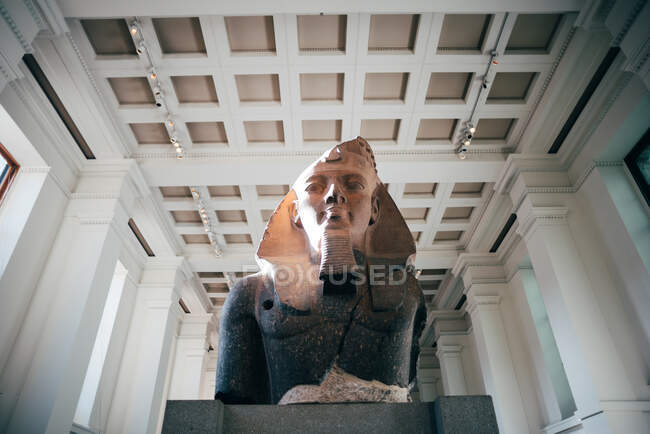 Desde abajo vista de la antigua estatua de faraón dentro del museo - foto de stock