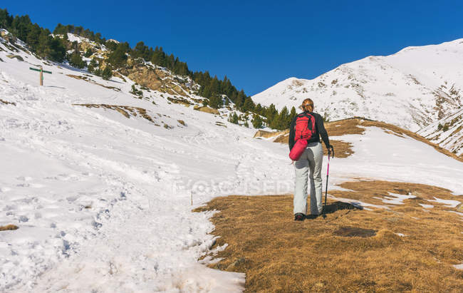 Rear view of female hiker walking up  mountain with snow — Stock Photo