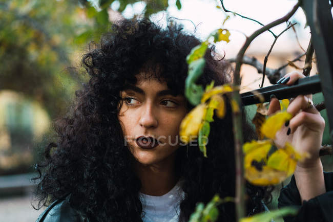 Junge lockige Frau posiert mit Herbstlaub im Park — Stockfoto