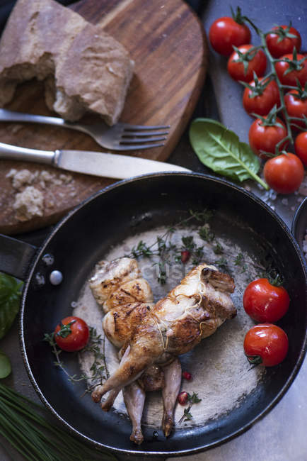Птица подается с помидорами черри на сковороде — стоковое фото