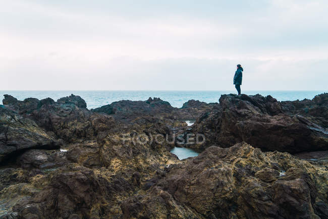 Mulher em pé em pedras sobre a paisagem marinha em dia nublado — Fotografia de Stock