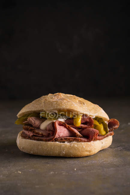 Estudio plano de sándwich de pastrami con pepinillos y mostaza - foto de stock