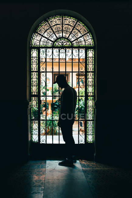 Силует невпізнаваного чоловіка, що стоїть біля красивих дверей у темній кімнаті . — стокове фото