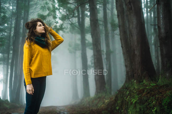 Woman looking up in misty forest — Stock Photo