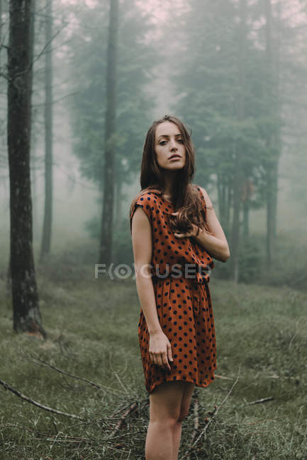 Jovem morena confiante em vestido curto posando em madeiras escuras nebulosas e olhando para a câmera . — Fotografia de Stock