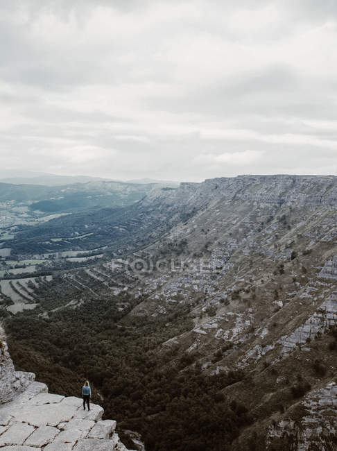 Обратный вид женщины, стоящей на скале и смотрящей на воздушный вид горной долины . — стоковое фото