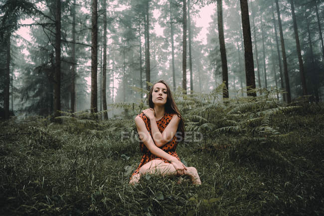 Брюнетка в платье сидит на лужайке в жутком лесу — стоковое фото