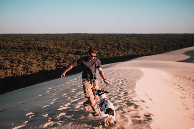Веселий чоловік в сонцезахисних окулярах грає з собакою на піску в сонячний день . — стокове фото