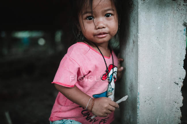 LAOS, 4000 ISLAS ÁREA: Chica de camiseta rosa mirando a la cámara - foto de stock