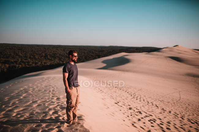 Vista lateral do homem em óculos de sol posando na areia em dia ensolarado . — Fotografia de Stock