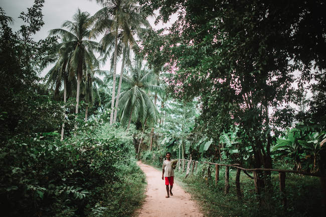 LAOS, 4000 ISLAS ÁREA: Hombre local en traje casual caminando a lo largo de estrecha carretera rural cerca de árboles tropicales . - foto de stock