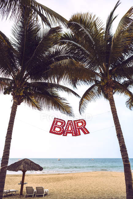 Segno della barra rossa tra due palme sulla spiaggia sabbiosa
. — Foto stock