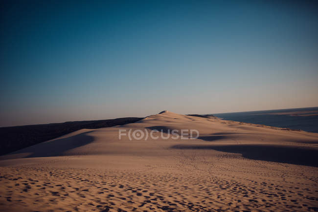 Plage de sable vide avec dunes dans la soirée ensoleillée . — Photo de stock