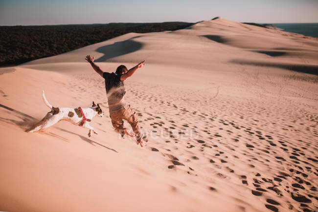 Homem alegre em óculos de sol brincando com o cão em dunas de areia em dia ensolarado . — Fotografia de Stock