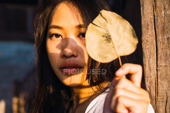 Portrait of young woman leaning holding dry leaf and looking at camera — Stock Photo