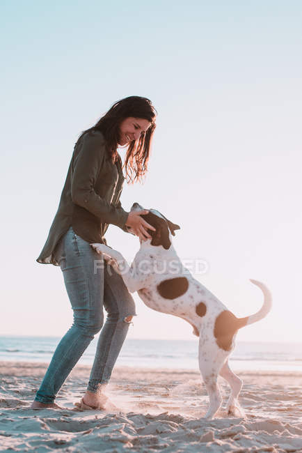 Fröhliche Frau mit kleinem Hund am Sandstrand bei sonnigem Tag. — Stockfoto