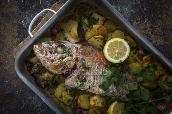 Натюрморт жареной рыбы с картошкой — стоковое фото