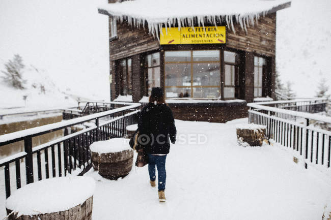 Vista posteriore della donna che cammina sul ponte coperto di neve in inverno . — Foto stock