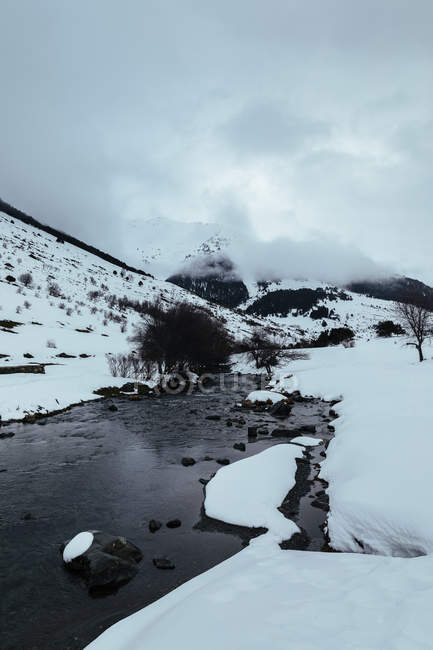 Снежный пейзаж реки на зимней природе — стоковое фото