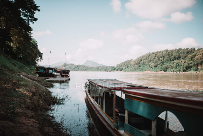 Barcos amarrados a orillas del río en bosque tropical en día soleado . - foto de stock
