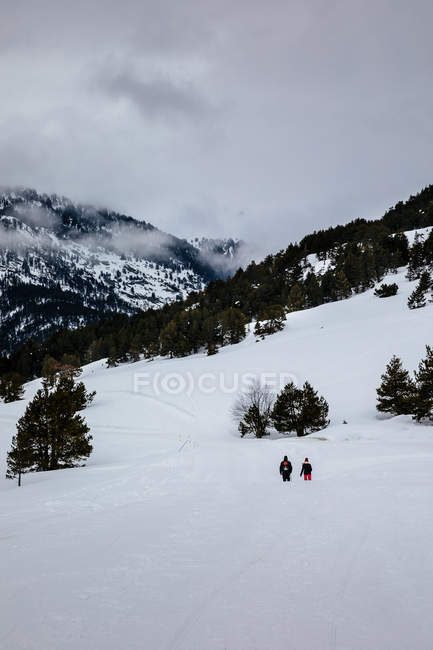 Vista trasera de personas caminando a través de la nieve en la montaña - foto de stock