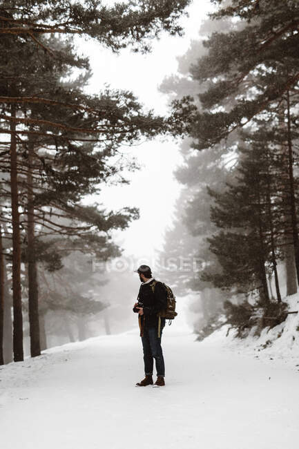Tourist steht im verschneiten Wald — Stockfoto