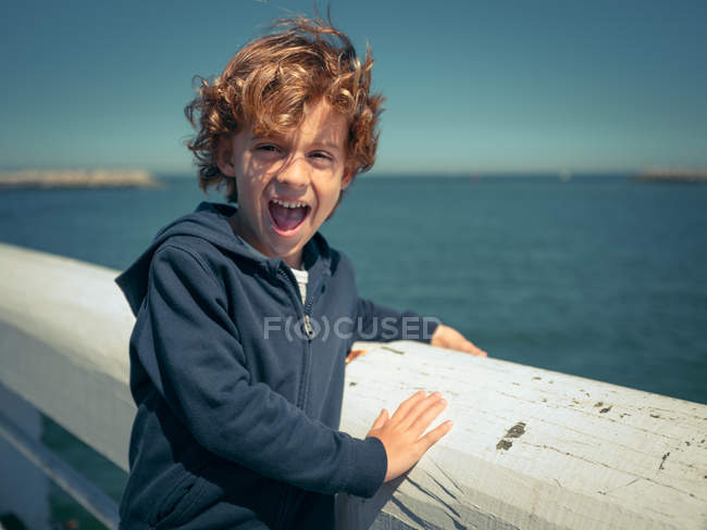 Alegre chico en barandilla sobre paisaje marino - foto de stock