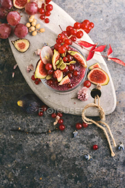 Directly above view of chia smoothie with coconut milk on stone board — Stock Photo