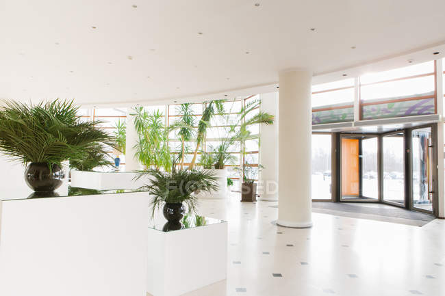 Grande sala con piante in vaso e porte d'ingresso in hotel — Foto stock