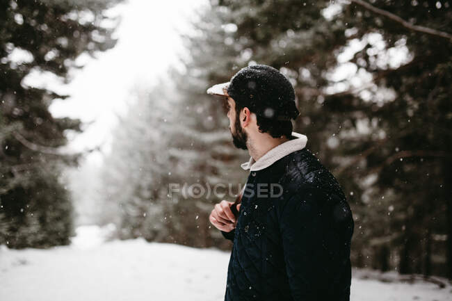 Tourist standing in snowy forest RELEASE — Stock Photo
